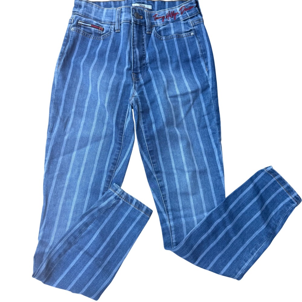 Vintage Tommy Hilfiger High Rise Curve Skinny Striped‎ Blue Denim Jeans Size 0